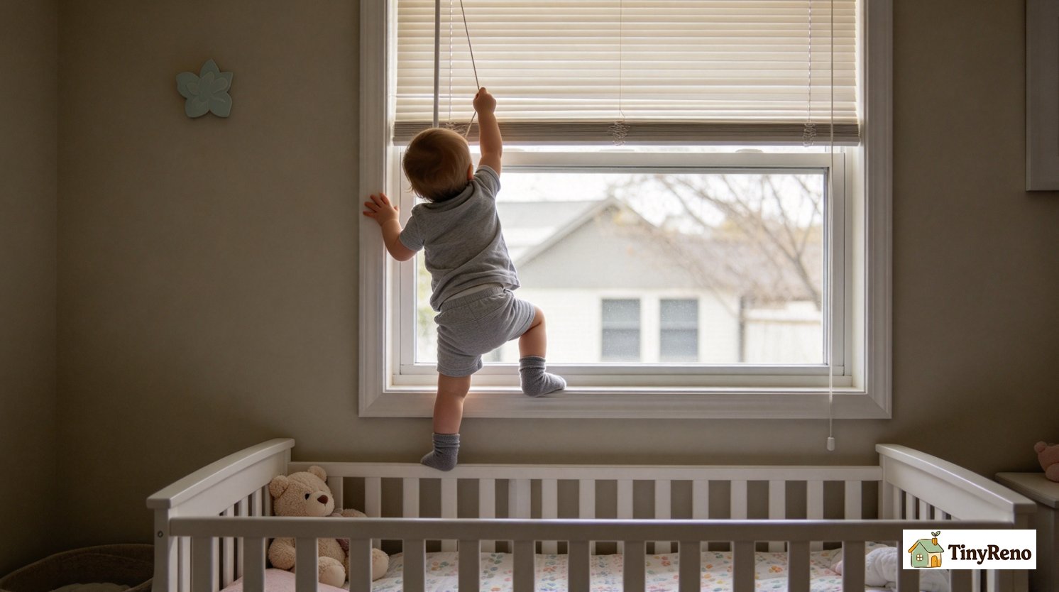 Bed beneath the blind window &mdash; furniture that creates risk by letting a child climb up to reach the cord
