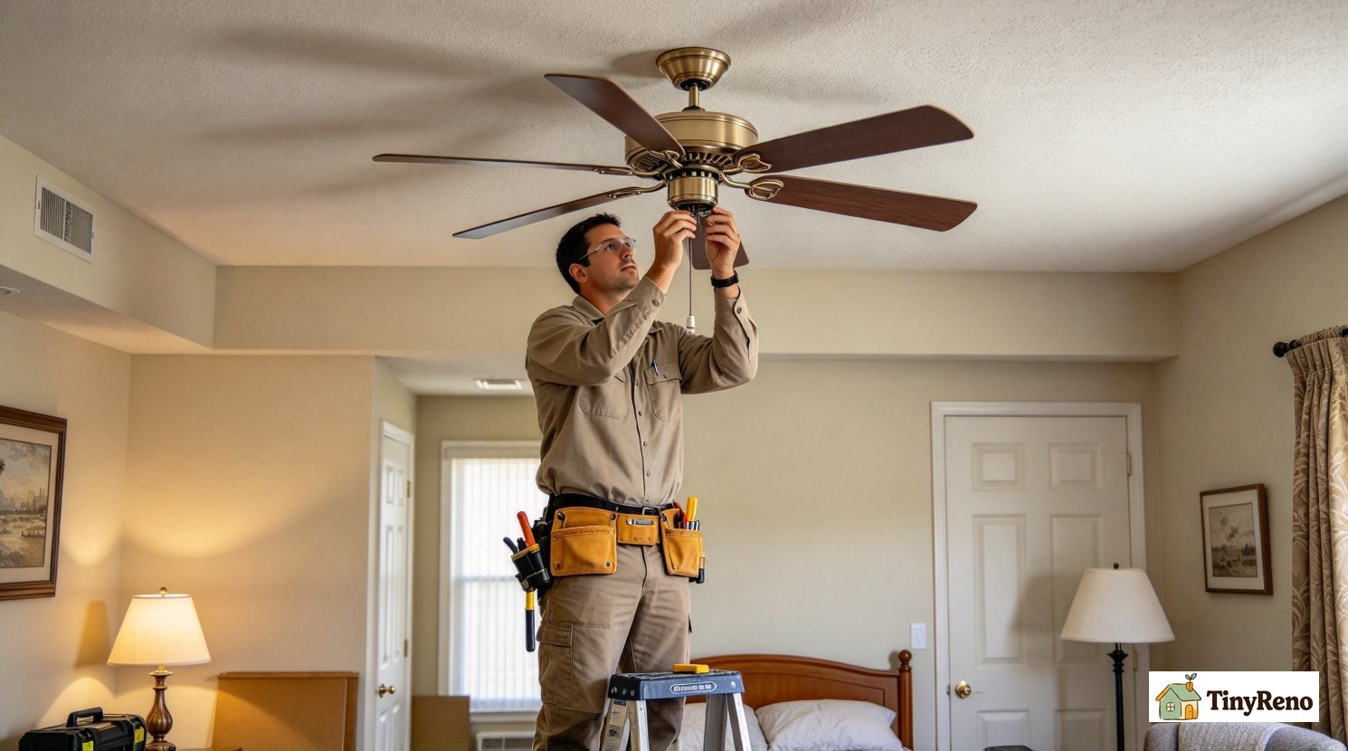 1. Licensed electrician inspecting ceiling fan blades, motor and mounting hardware to write an official inspection report 2.