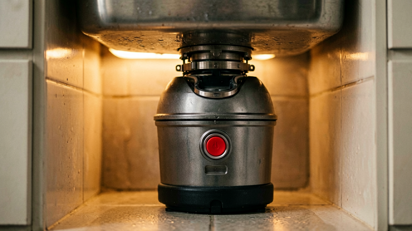 Close-up of the red reset button on the bottom of a garbage disposal unit under the kitchen sink