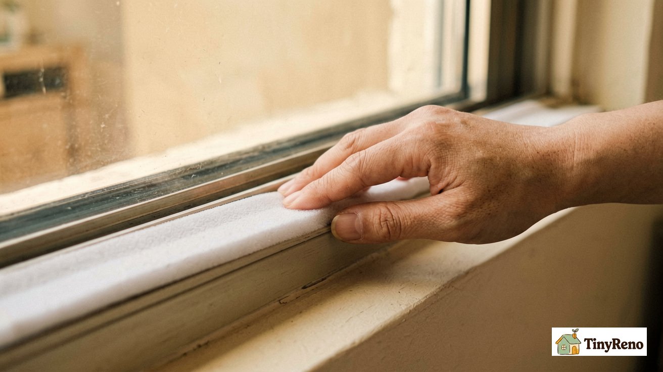 A hand pressing a strip of foam weatherstrip along the edge of a window sash with warm interior light