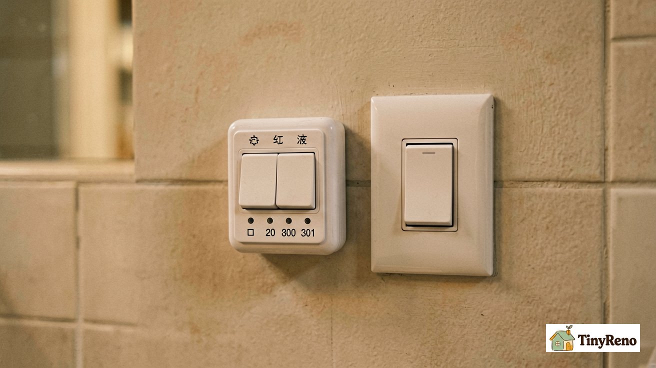 A small white programmable countdown timer switch mounted on a bathroom wall next to a standard light switch