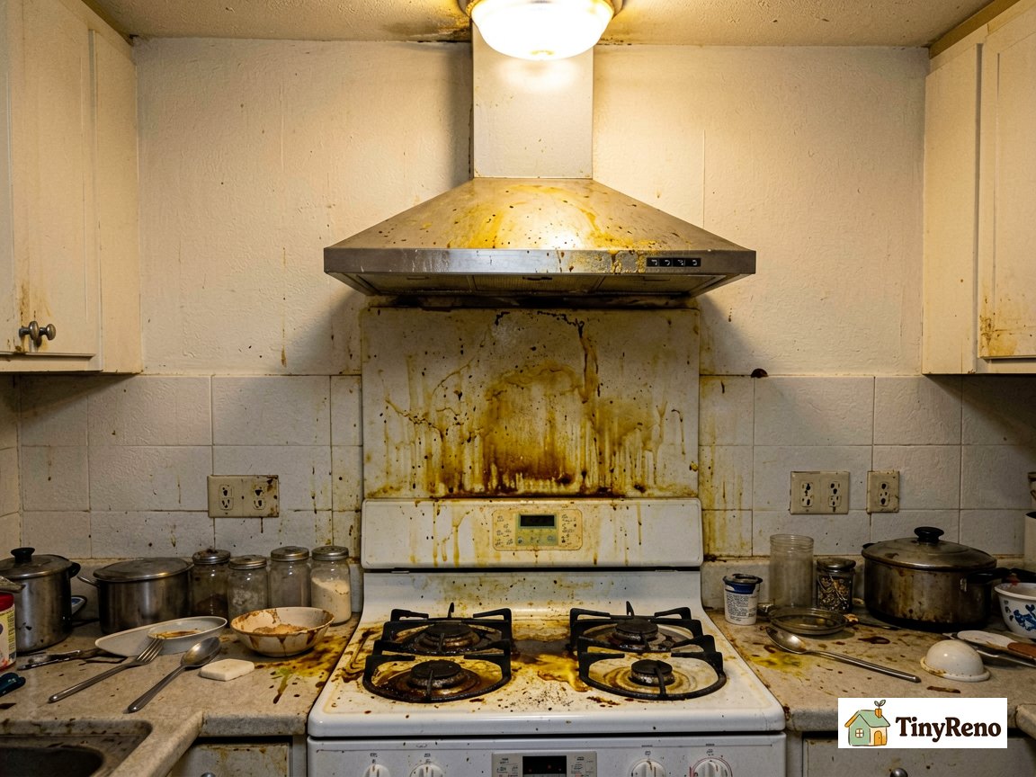 Five years of grease buildup on apartment kitchen wall behind electric stove