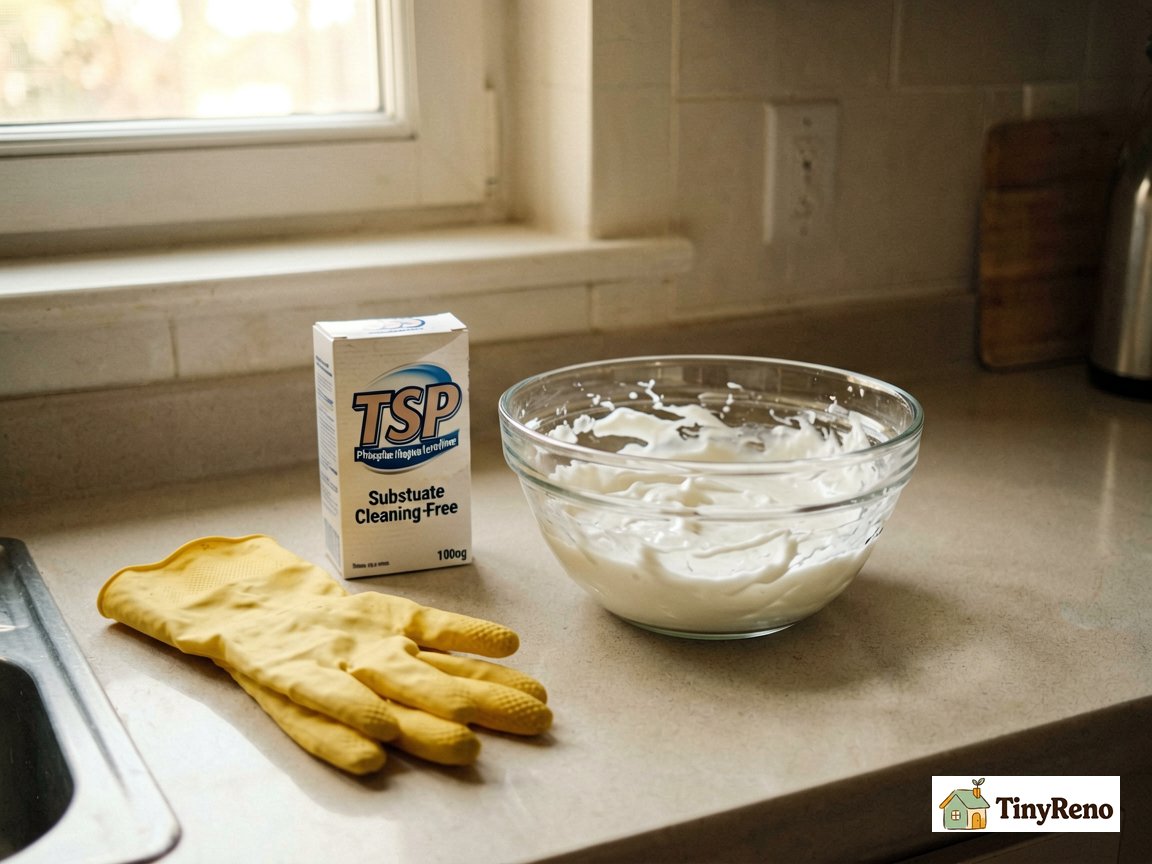 TSP substitute cleaning paste in glass bowl with rubber glove on counter