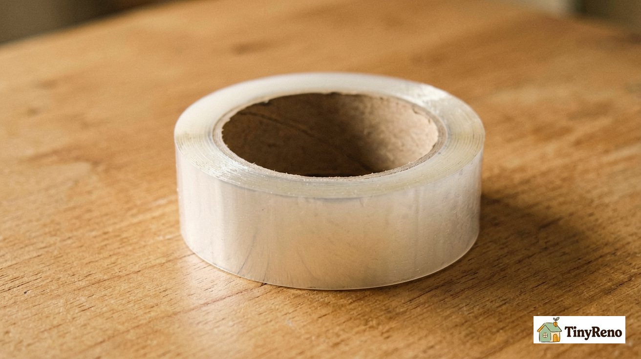 A roll of clear double-sided cat-deterrent tape on a wooden table with scissors nearby