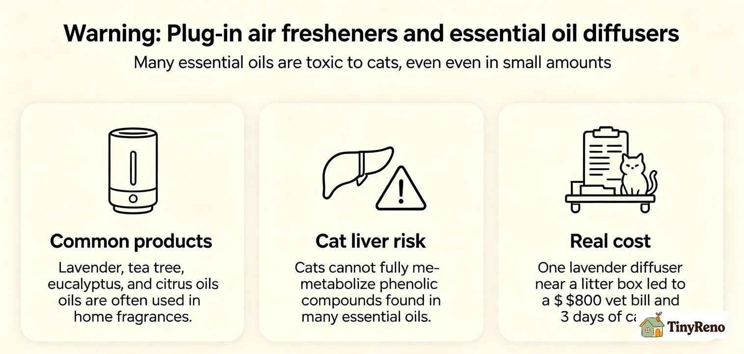 Many essential oils (lavender, tea tree, eucalyptus, citrus) are toxic to cats